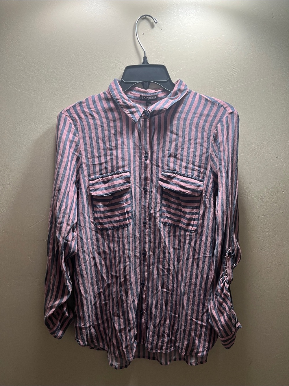 Express Pink and Blue Vertical Stripe Button-Down Shirt
